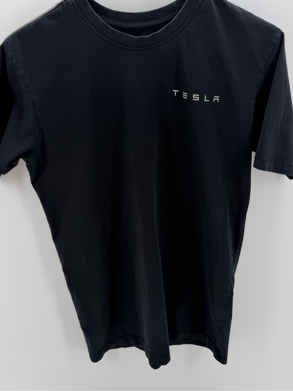 Tesla Black Short Sleeve Tee with Small Silver Logo Men’s Size S/M 100% Cotton